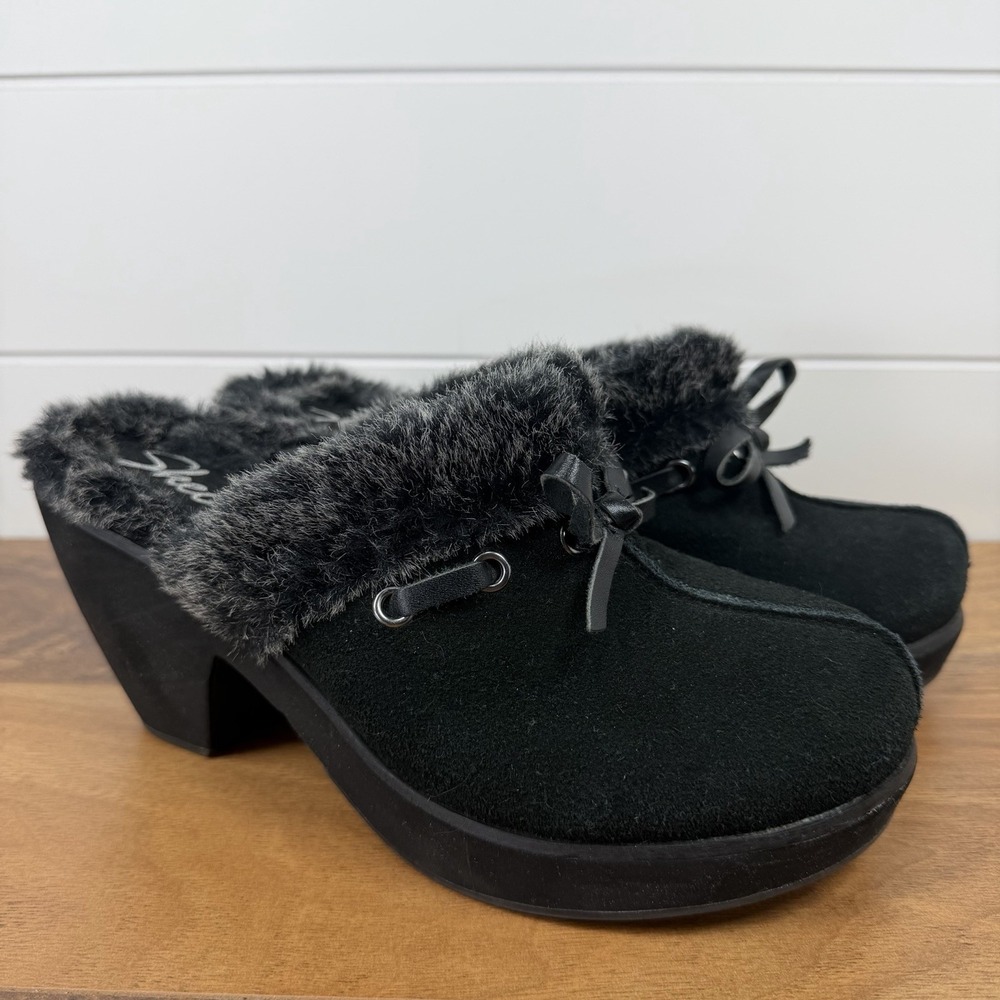 VTG Y2K Skechers Fuzzy Mules 7 Bow Black Grey Platform Chunky Clogs Slip On